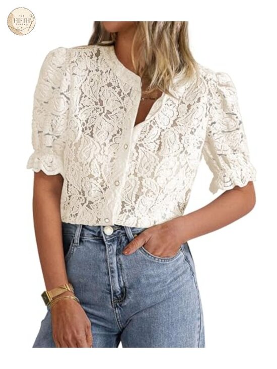 Tops - Lace Button Down Blouse with Puff Short Sleeves